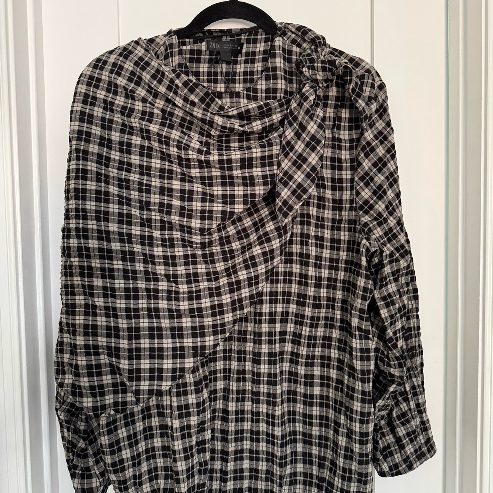 Zara ZW Collection Plaid Scarf Shirt Black and Grey